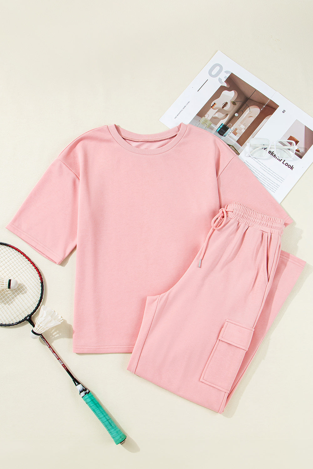 Apricot Pink Half Sleeve T-Shirt & Cargo Sweatpants Set