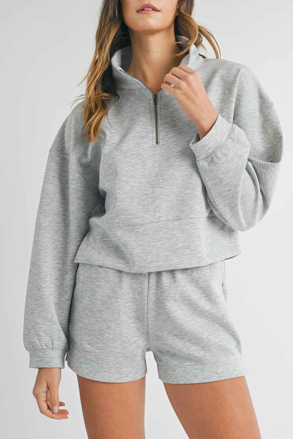 Light Grey Plain Quarter-Zip Pullover Top and Shorts Set