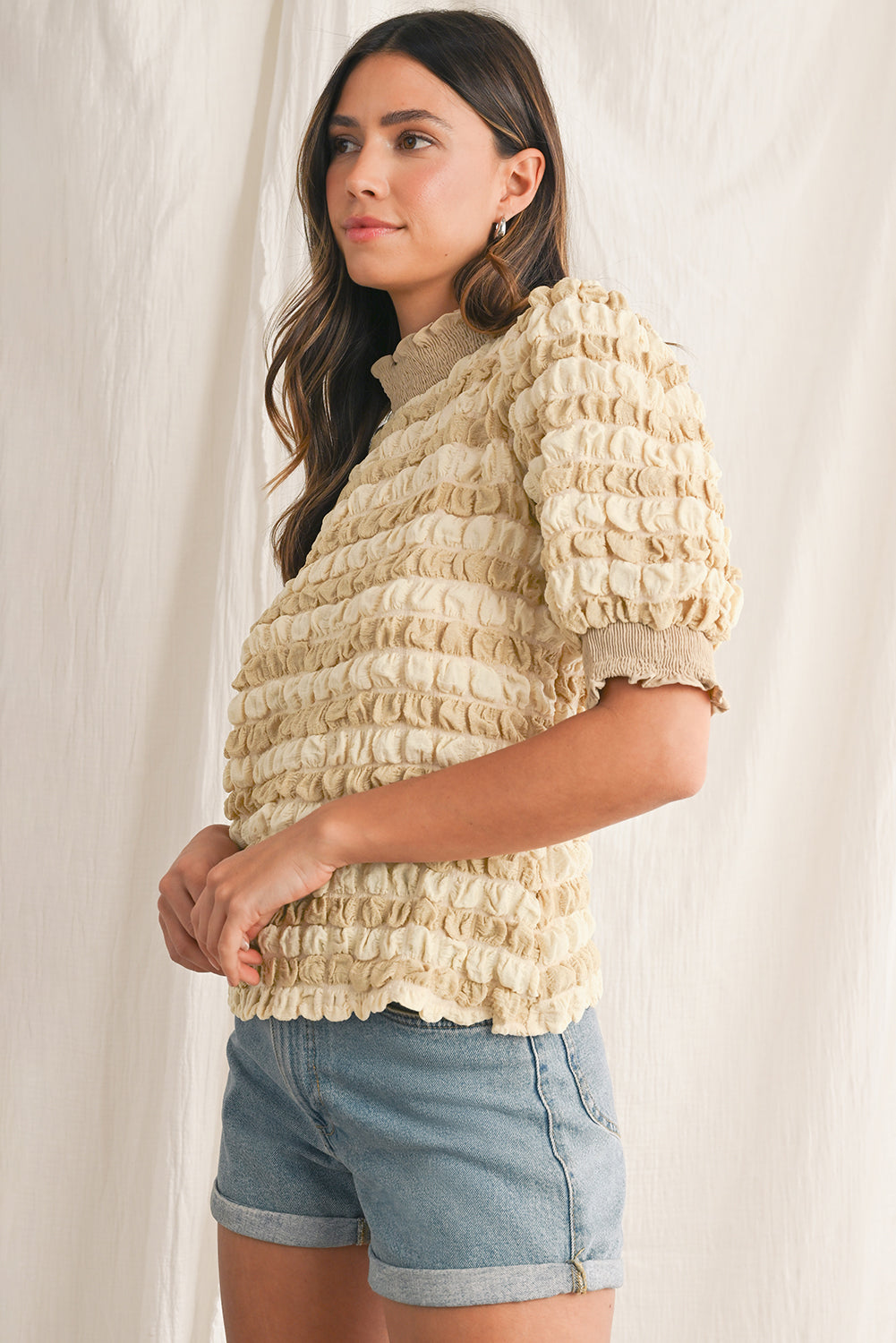 Beige Textured Frill Trim Smocked Puff Sleeve T Shirt