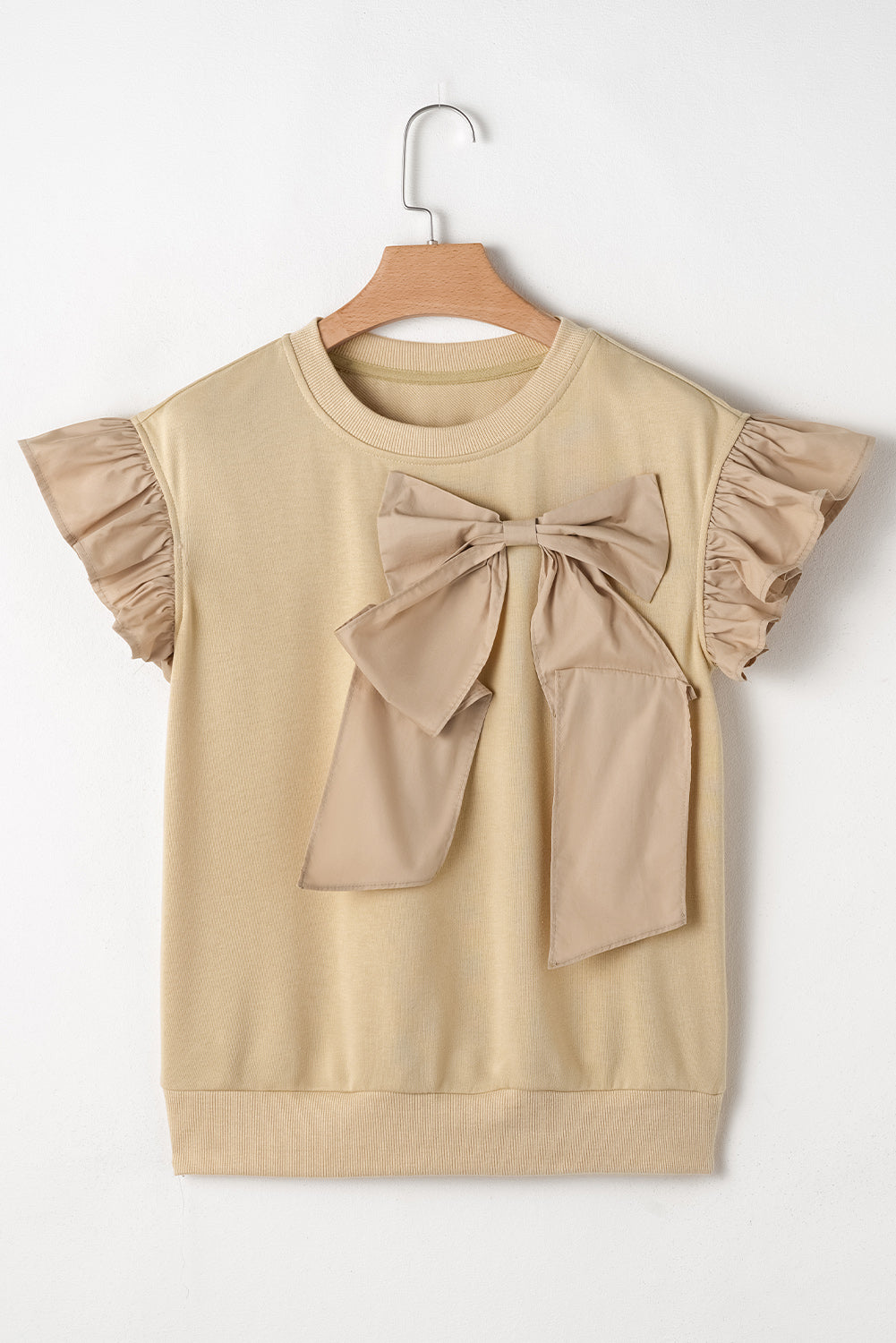 Parchment Ribbon Bow Ruffle Sleeve Round Neck Top