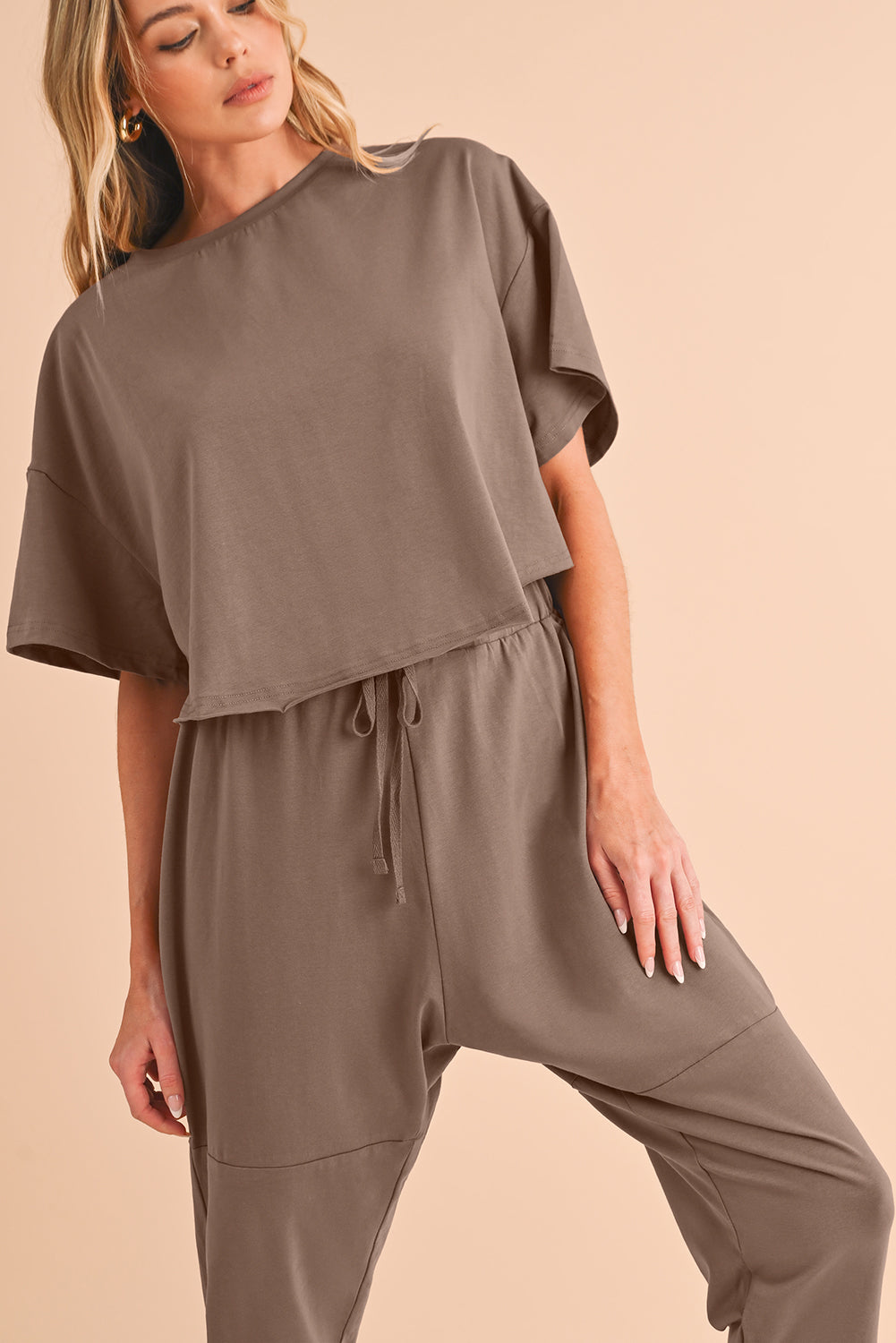 Taupe Batwing Sleeve High Low Tee and Drawstring Crop Pants Set