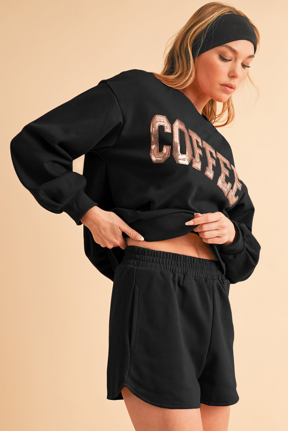 Straw Yellow Sequins COFFEE Loose Fit Sweatshirt and Shorts Set