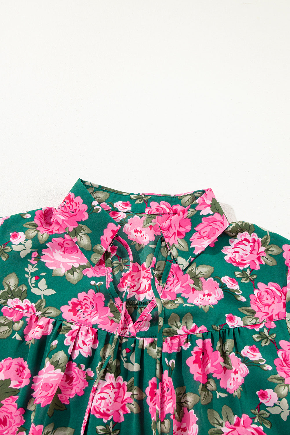 Green Floral Print Collared Puff Sleeve Blouse