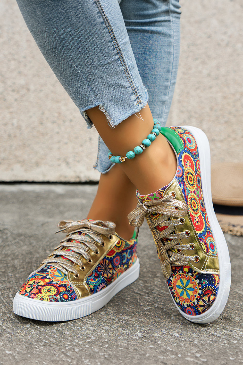 Gold Boho Geometric print Lace Up Sneakers