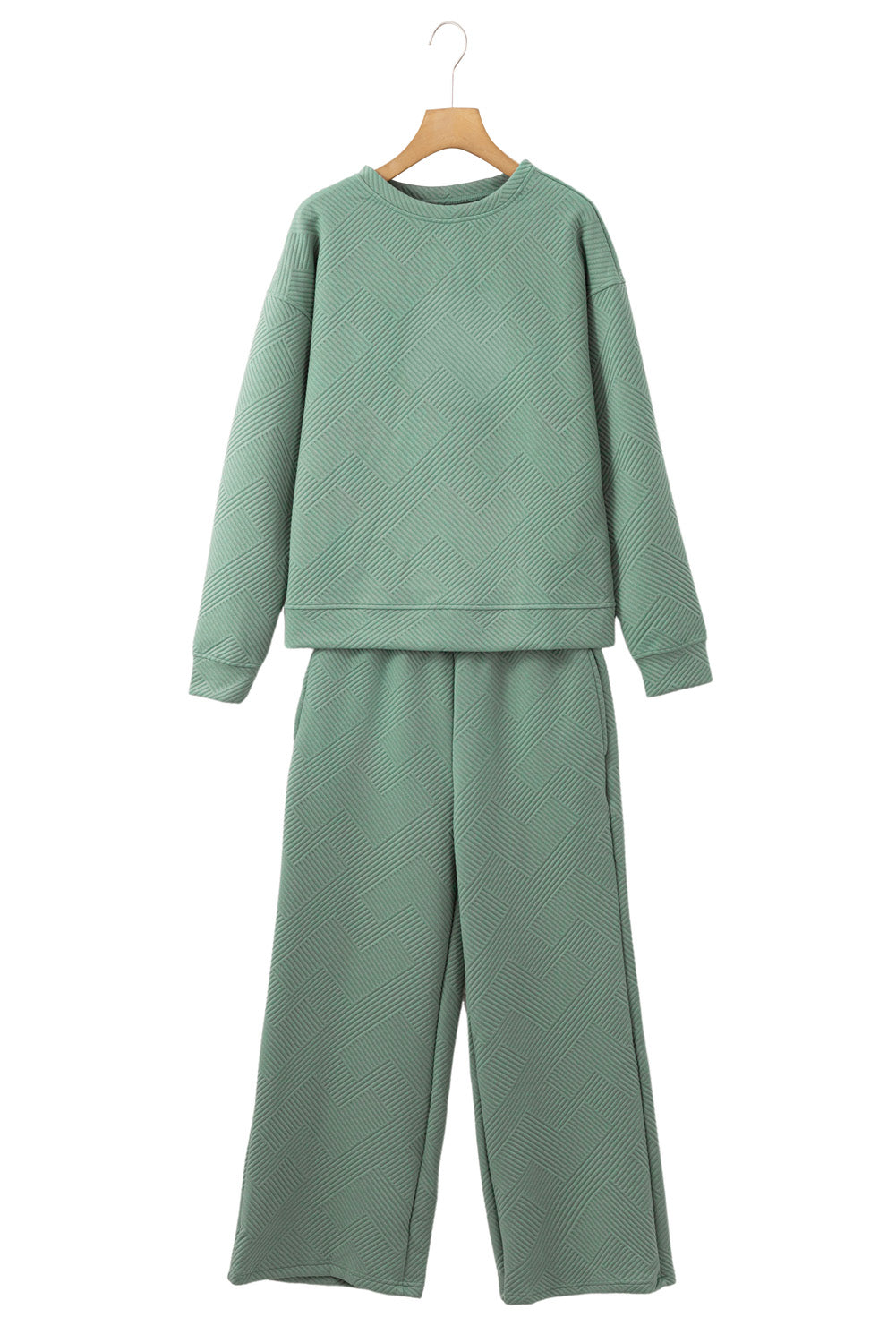 Grass Green Textured Loose Slouchy Long Sleeve Top and Pants Set