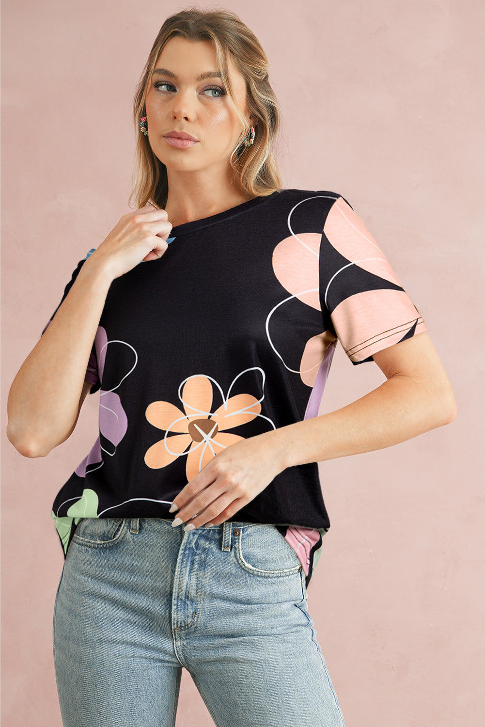 Beige Summer Flower Print Round Neck T Shirt