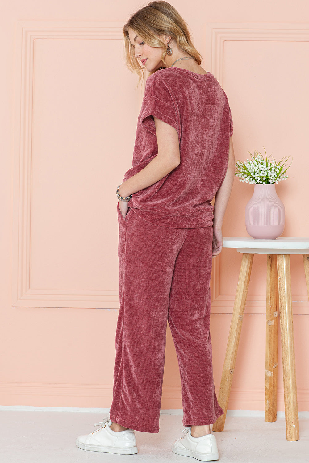 Rose Pink Mineral Wash Corduroy Short Sleeve Top and Crop Pants Set