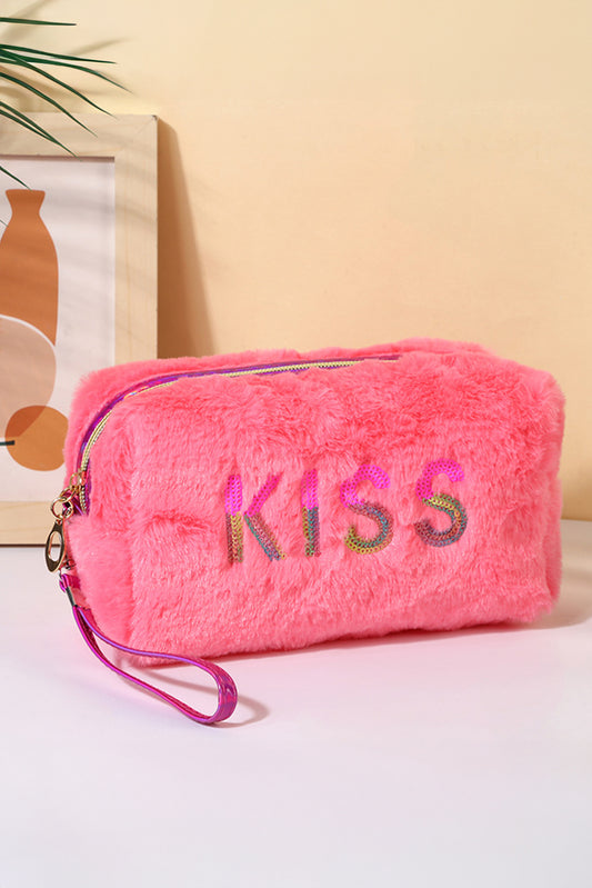 Rose Red Graphic Sequin Kiss Fluffy Makeup Bag