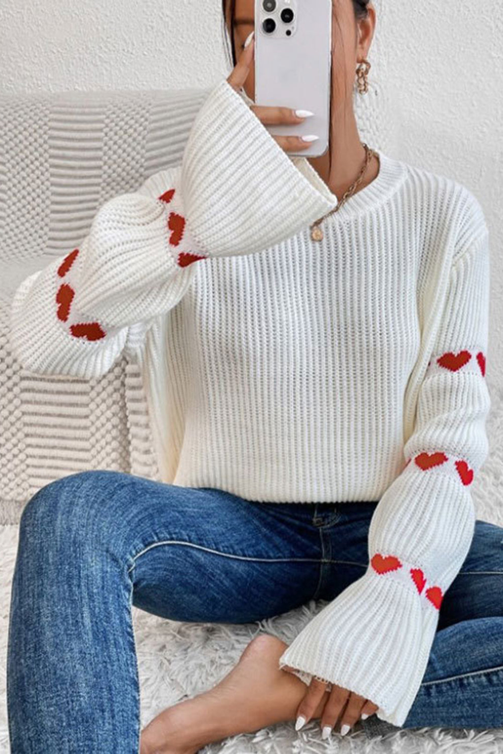 White Heart Pattern Sleeve Pullover Knit Sweater