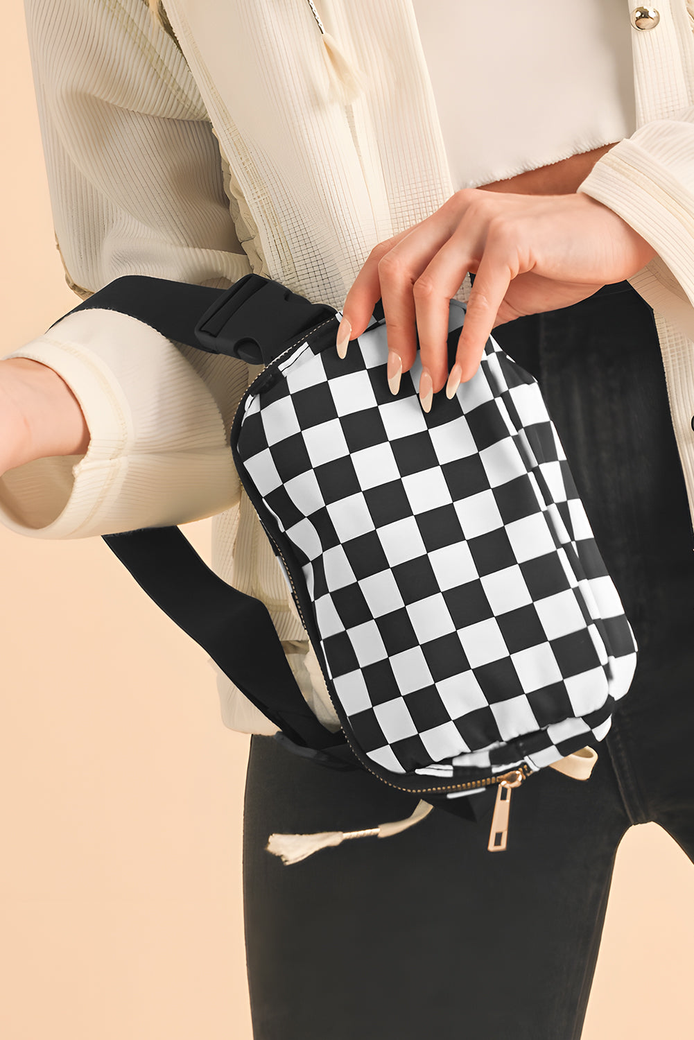 White Checkered Print Buckle Wide Belt Crossbody Bag