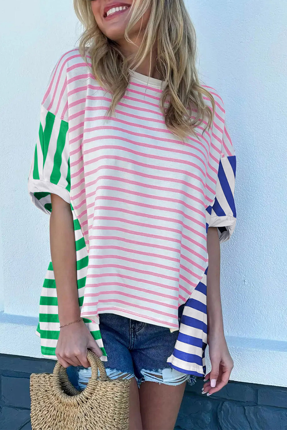 Blue Stripe Patchwork Slits Baggy T Shirt