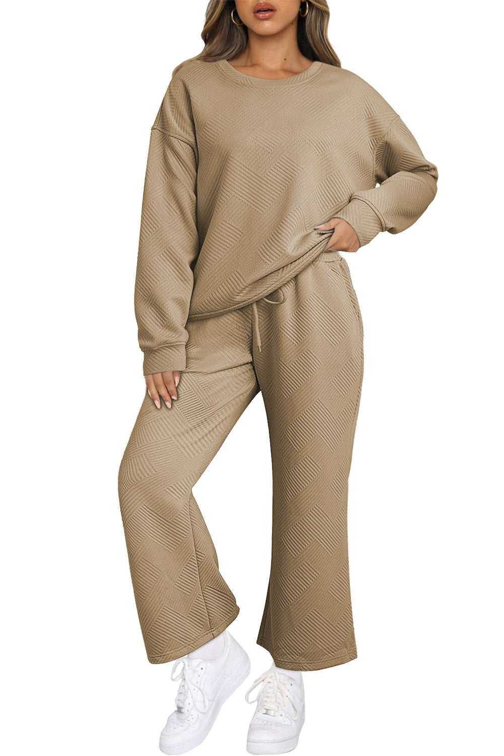 Grass Green Textured Loose Slouchy Long Sleeve Top and Pants Set