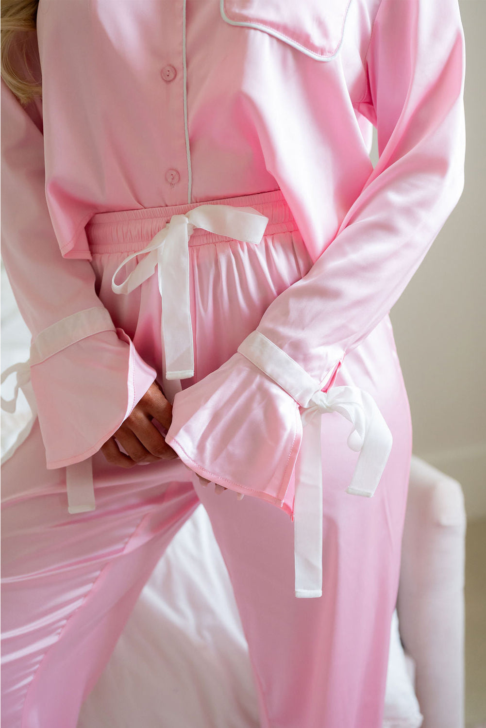 Light Pink Satin Shirt and Ruffle Hem Pants Pajama Set