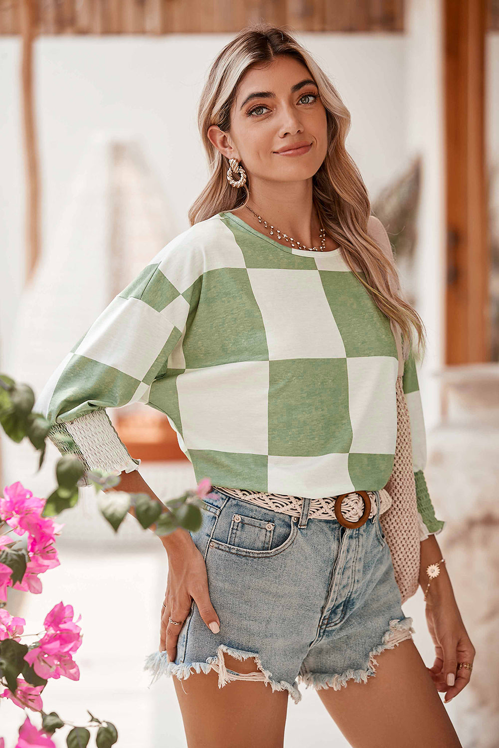 Grass Green Checkered Ruffle Smocked Cuffs Tee