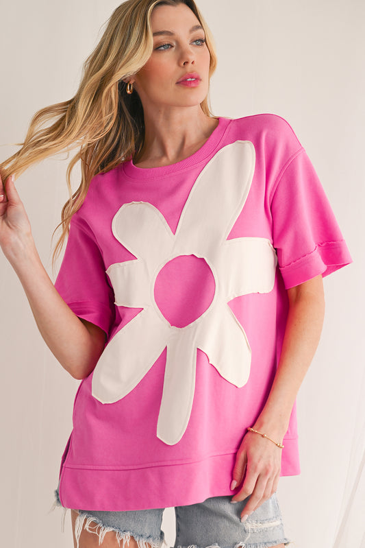 Sachet Pink 60s Flower Applique Slits T-Shirt