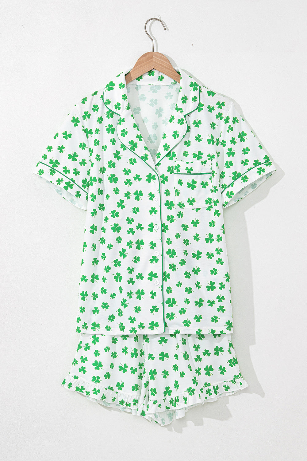 Green St Patricks Day Clover Print Shirt and Ruffle Hem Shorts Pajama Set