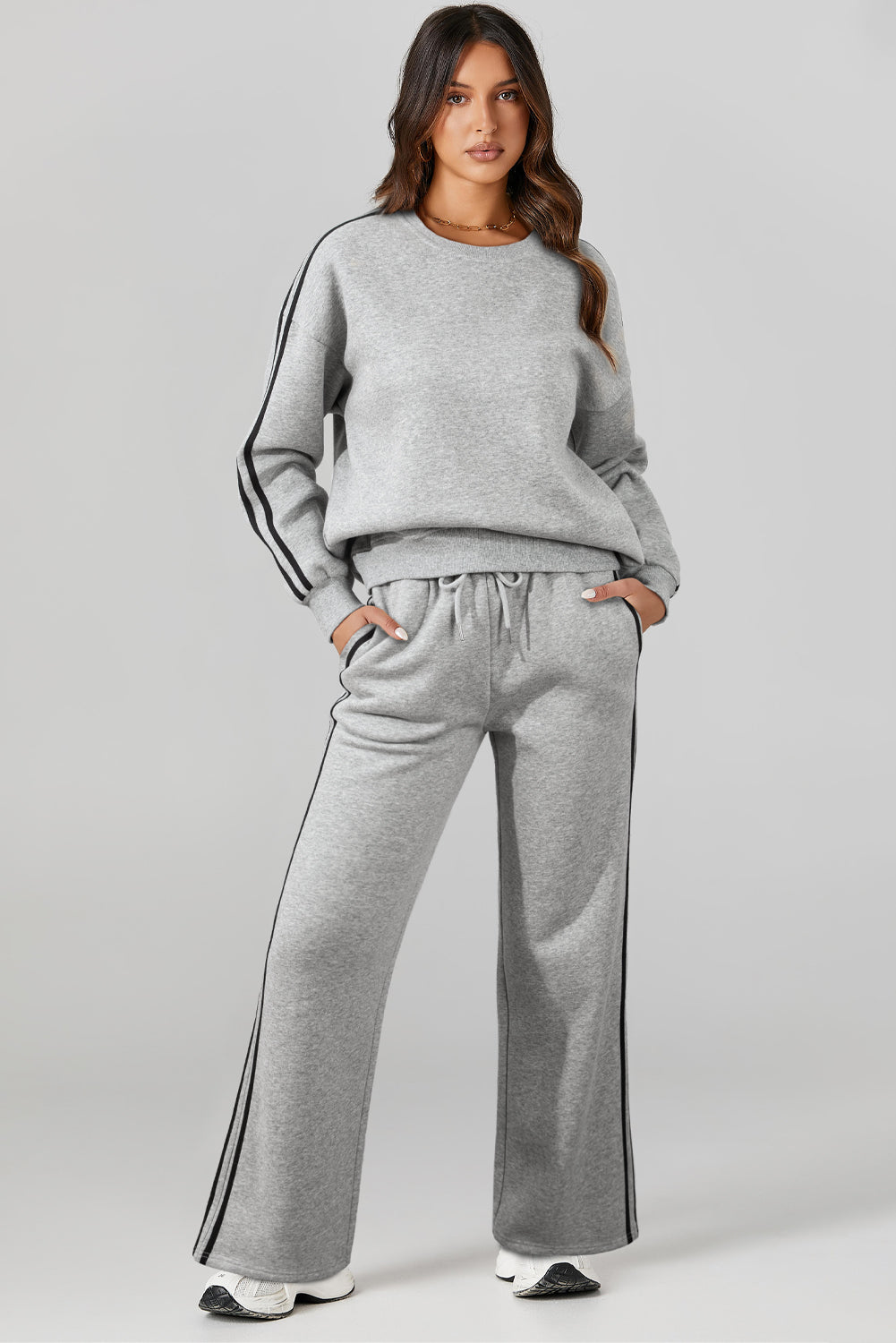 Light Grey Solid Color Side Striped Sweatshirt Pants Set