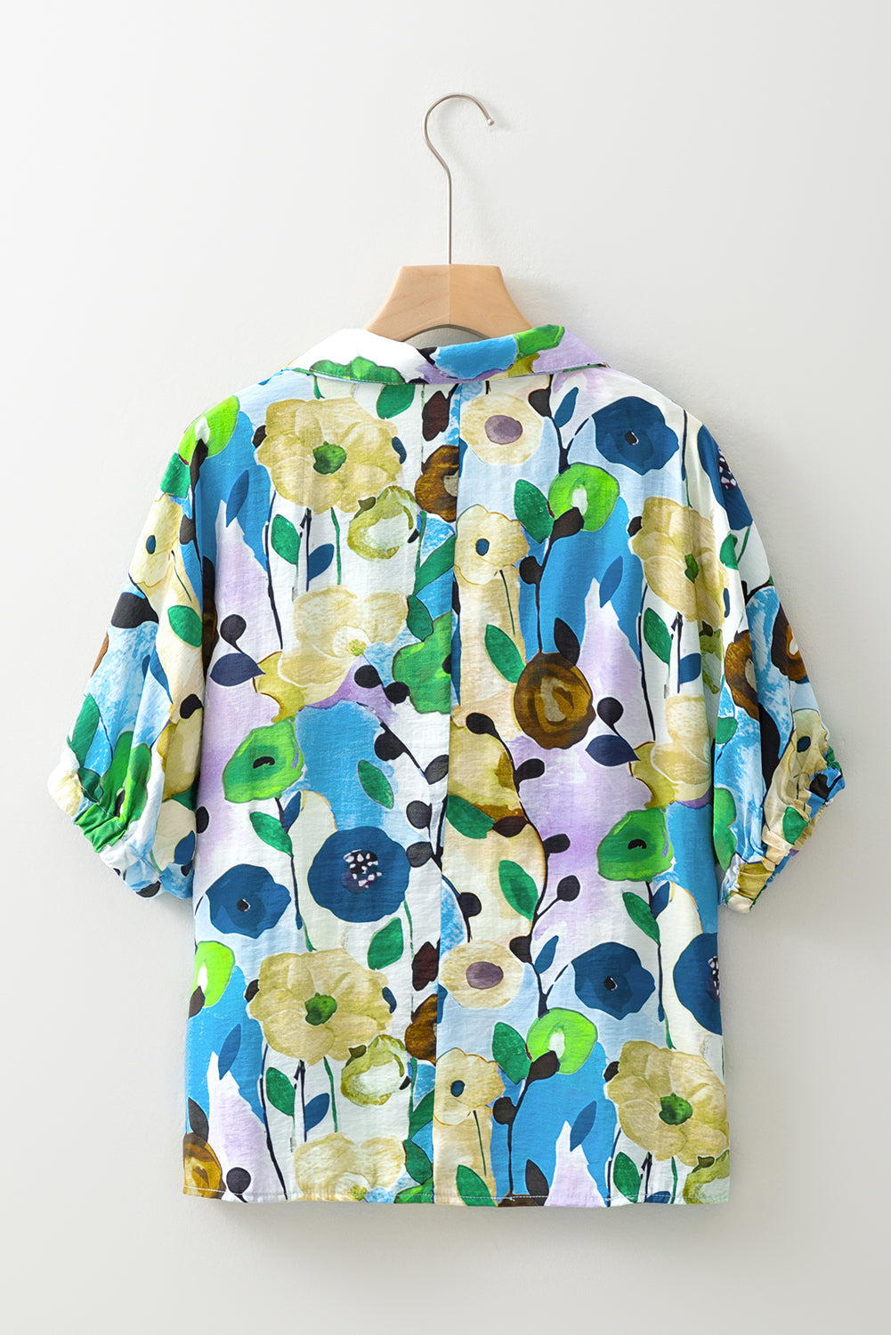 Light Blue V-Neck Floral Print Boho Blouse