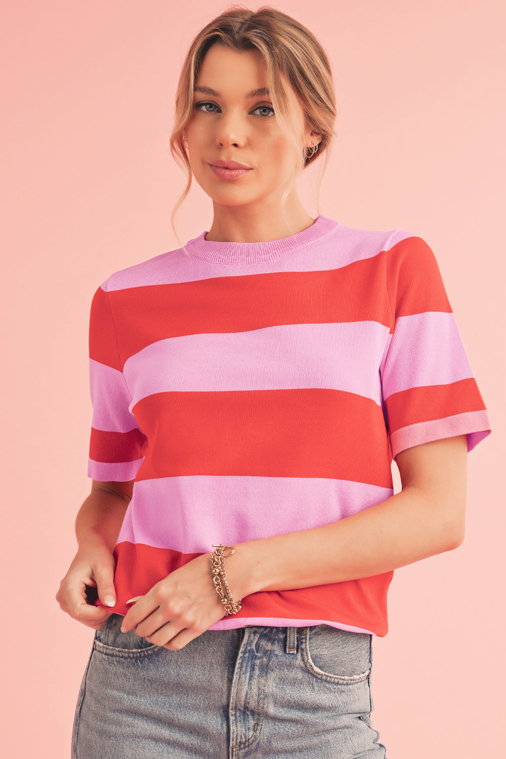 Bright Pink Colorblock Knitted Round Neck T Shirt