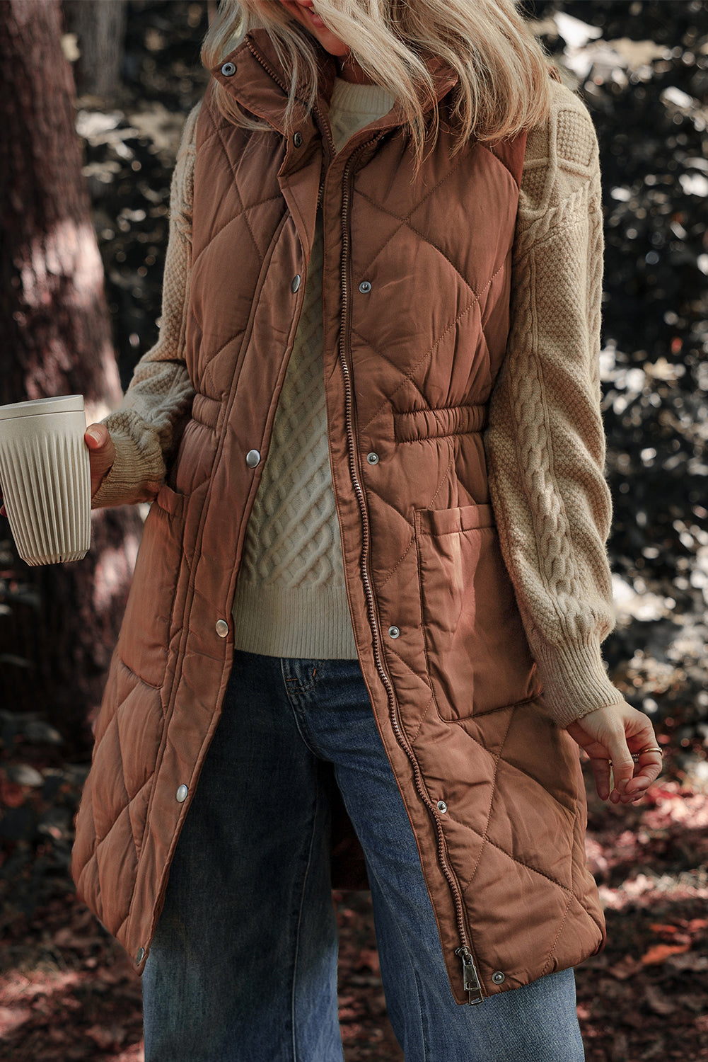 Coffee Puffer Quilted Stand Collar Pocketed Vest Coat