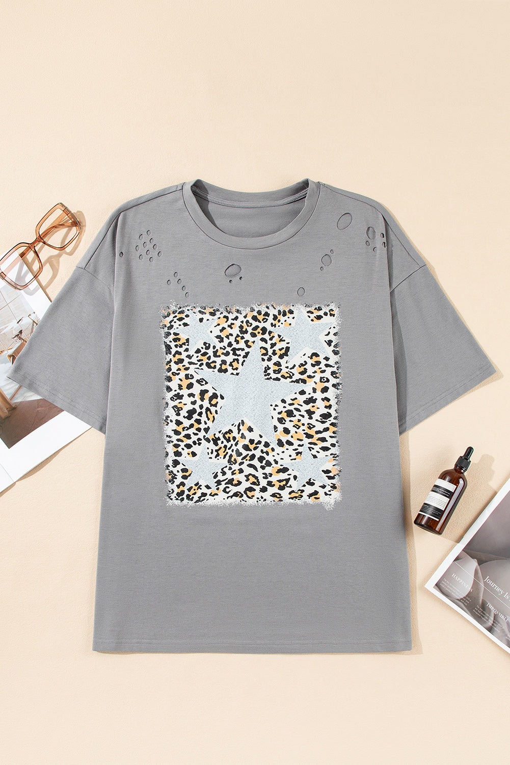 Medium Grey Stars Leopard Graphic Ripped Distressed Tee