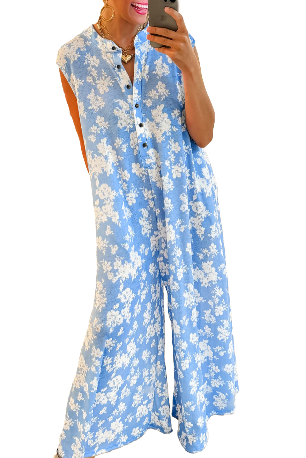 Myosotis Floral Print Sleeveless Wide Leg Jumpsuit