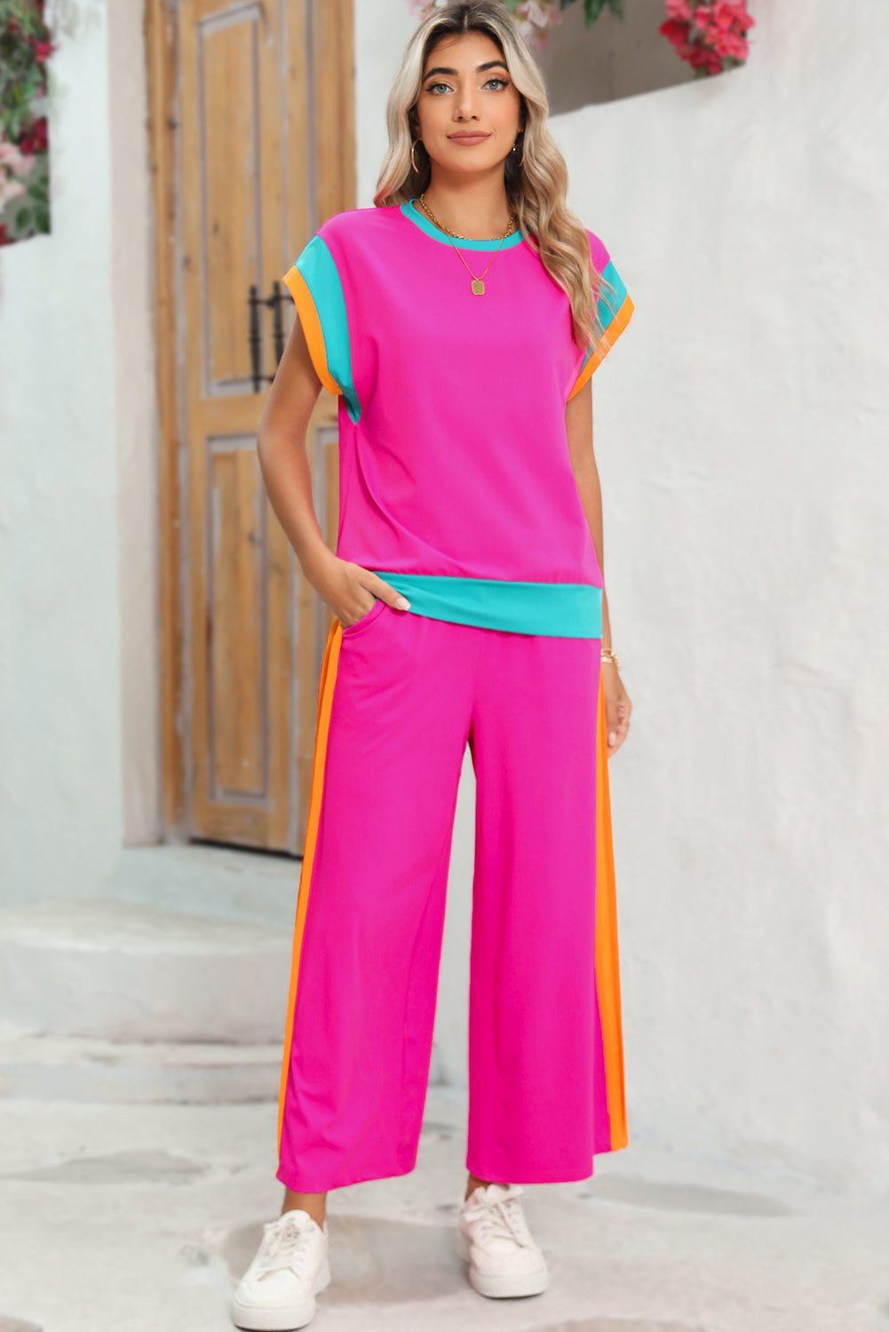 Sky Blue Colorblock Cap Sleeve Tee & Wide Leg Pants Set