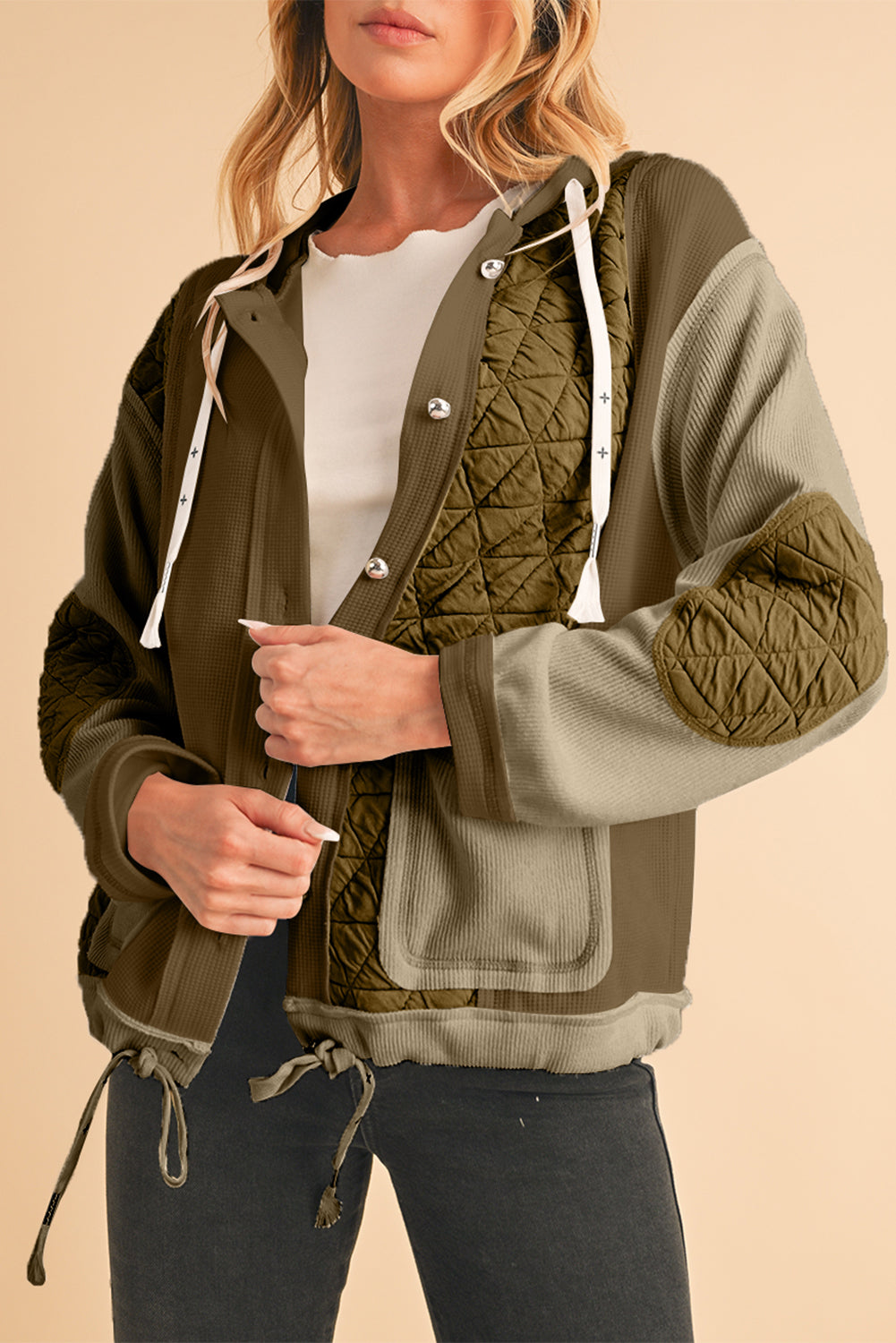 Beige Quilted Textured Patchwork Hooded Jacket