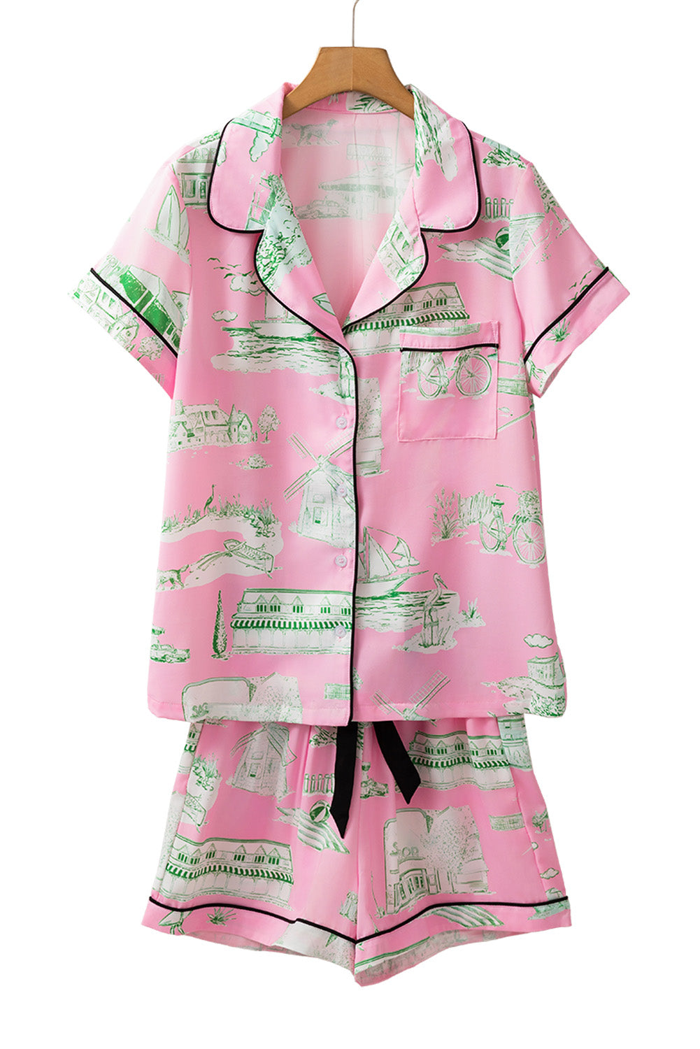 Pink Piping Detail Drawstring Shorts Pajama Set