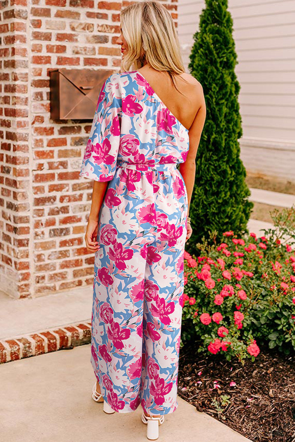 Pink Floral Print Asymmetrical Neckline Single Shoulder Half Sleeve Belted Jumpsuit