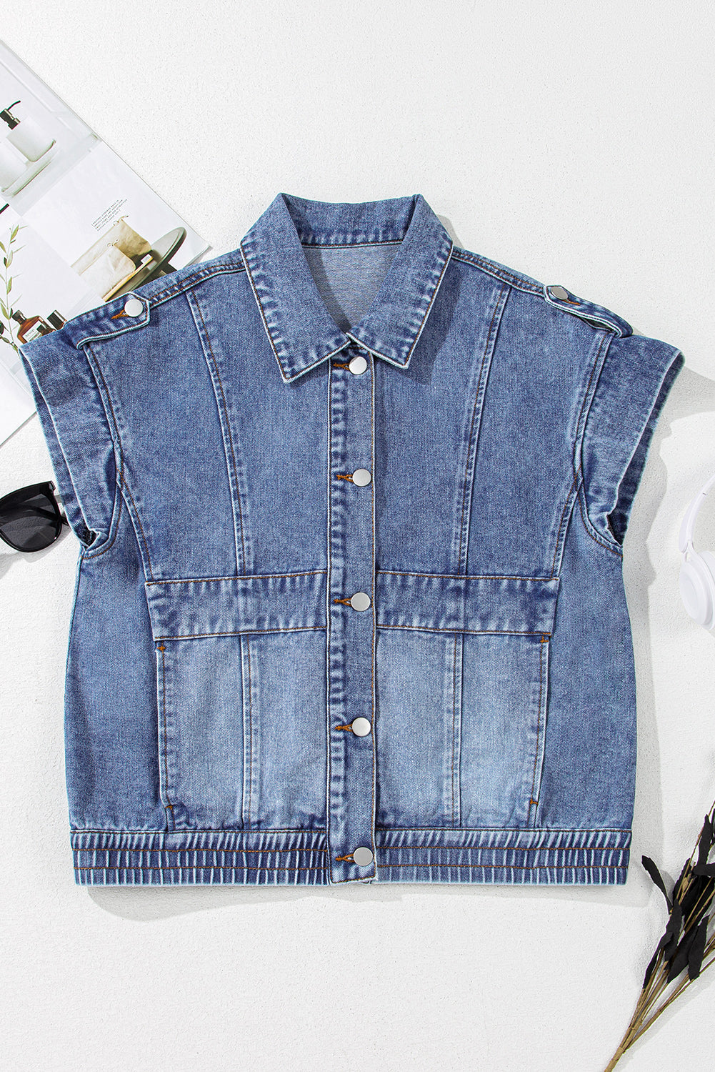 Ashleigh Blue Acid Wash Elastic Hem Button Up Denim Vest