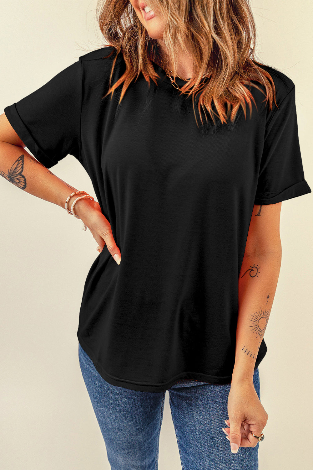 Black Solid Color Basic Crew Neck Plain Tee