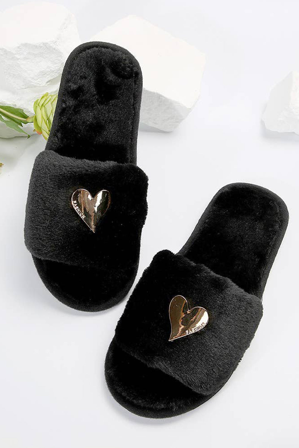 Pink Heart Open Toe Plush Slippers