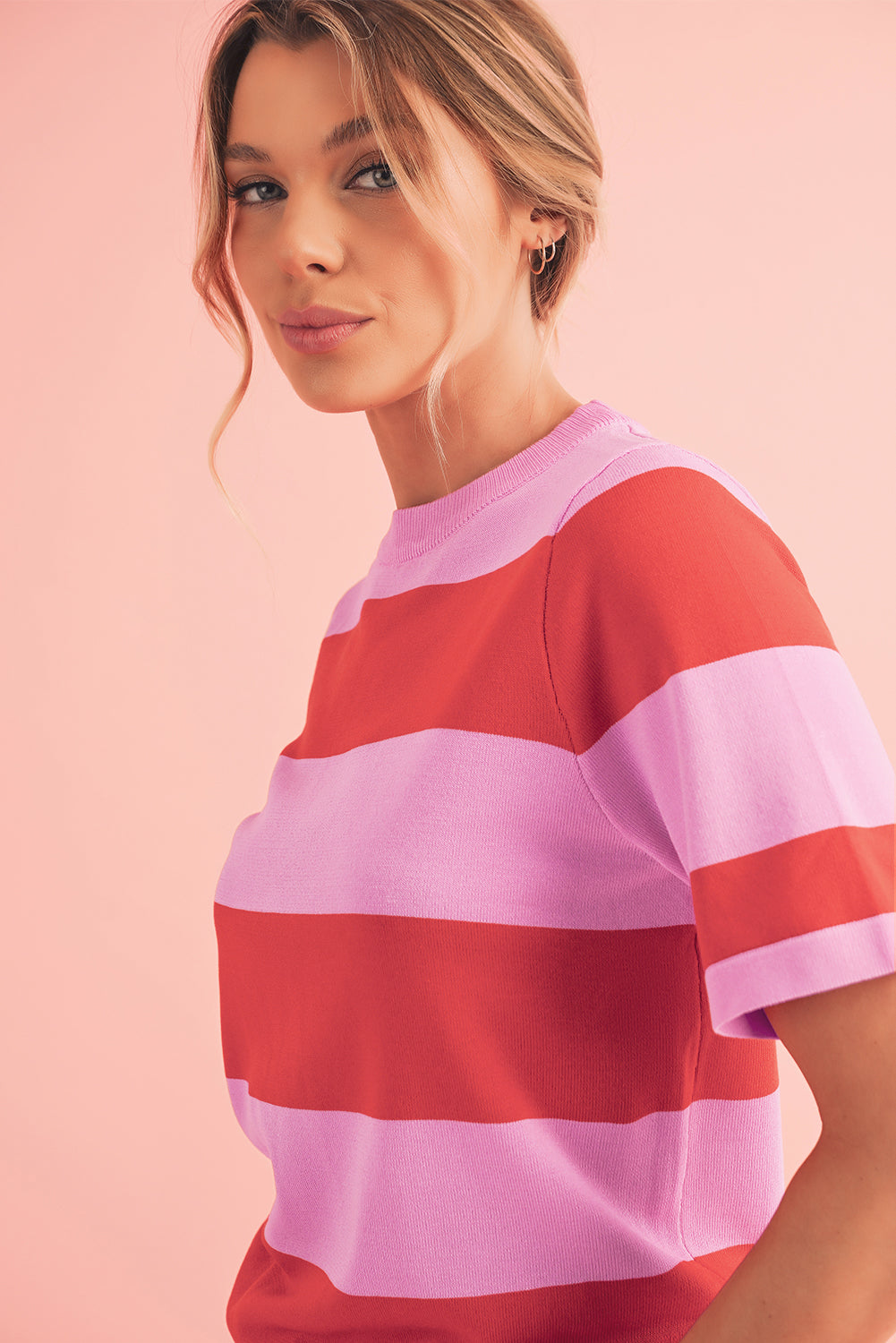 Bright Pink Colorblock Knitted Round Neck T Shirt