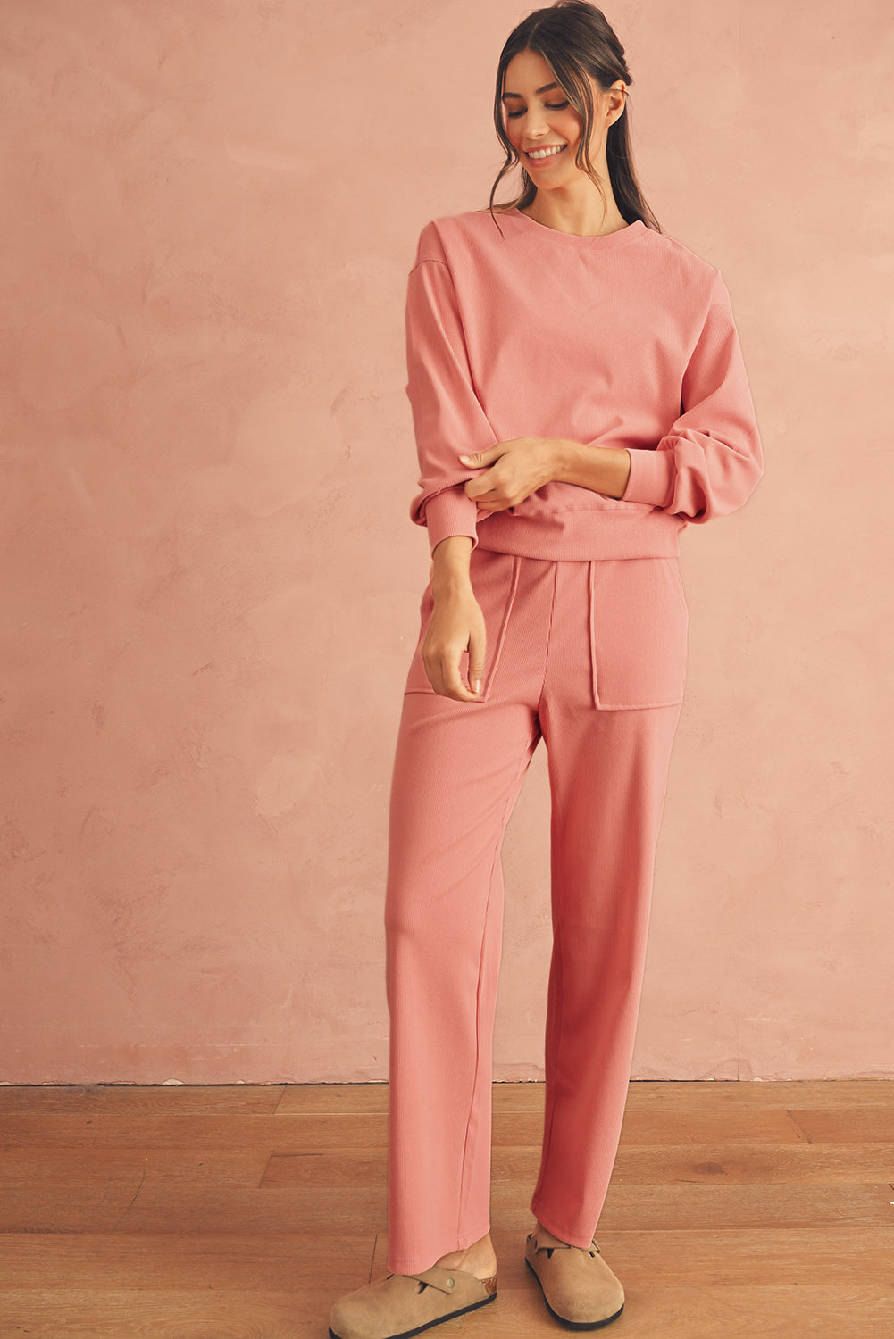 Blossom Ribbed Drop Shoulder Sweatshirt Pocketed Pants Set