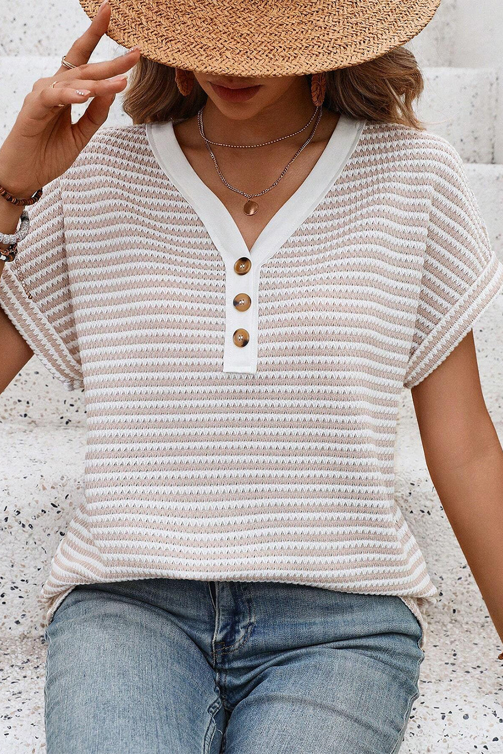 Khaki Striped Button Front V Neck Knitted Top