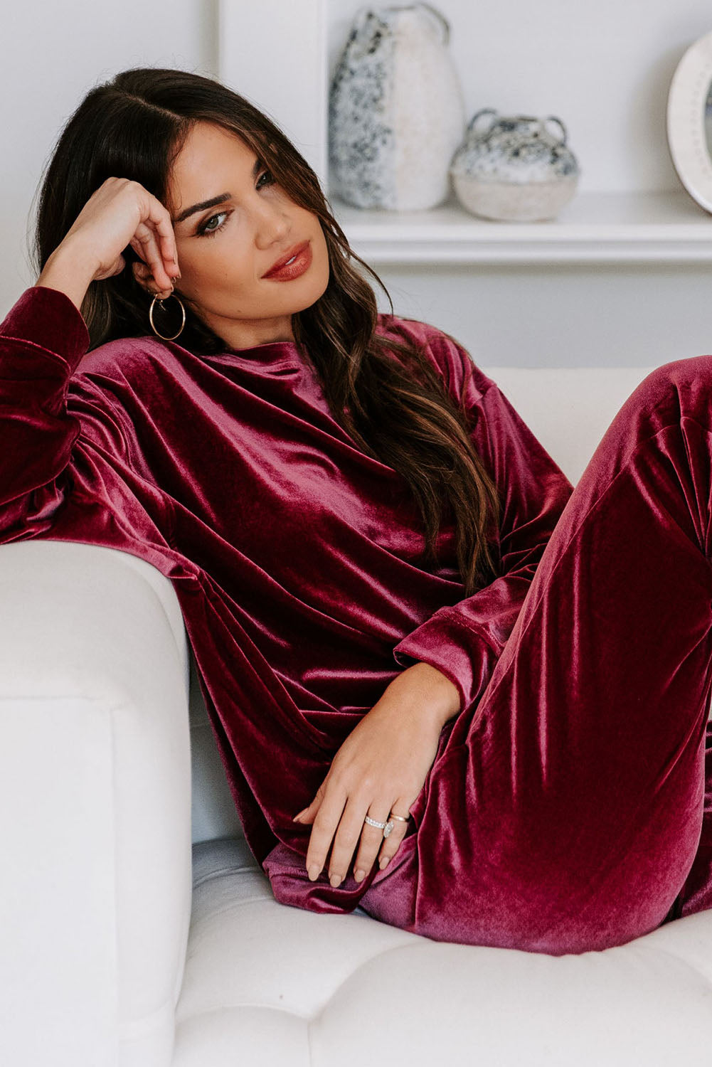 Red Solid Velvet Round Neck Top & Drawstring Pants Lounge Set