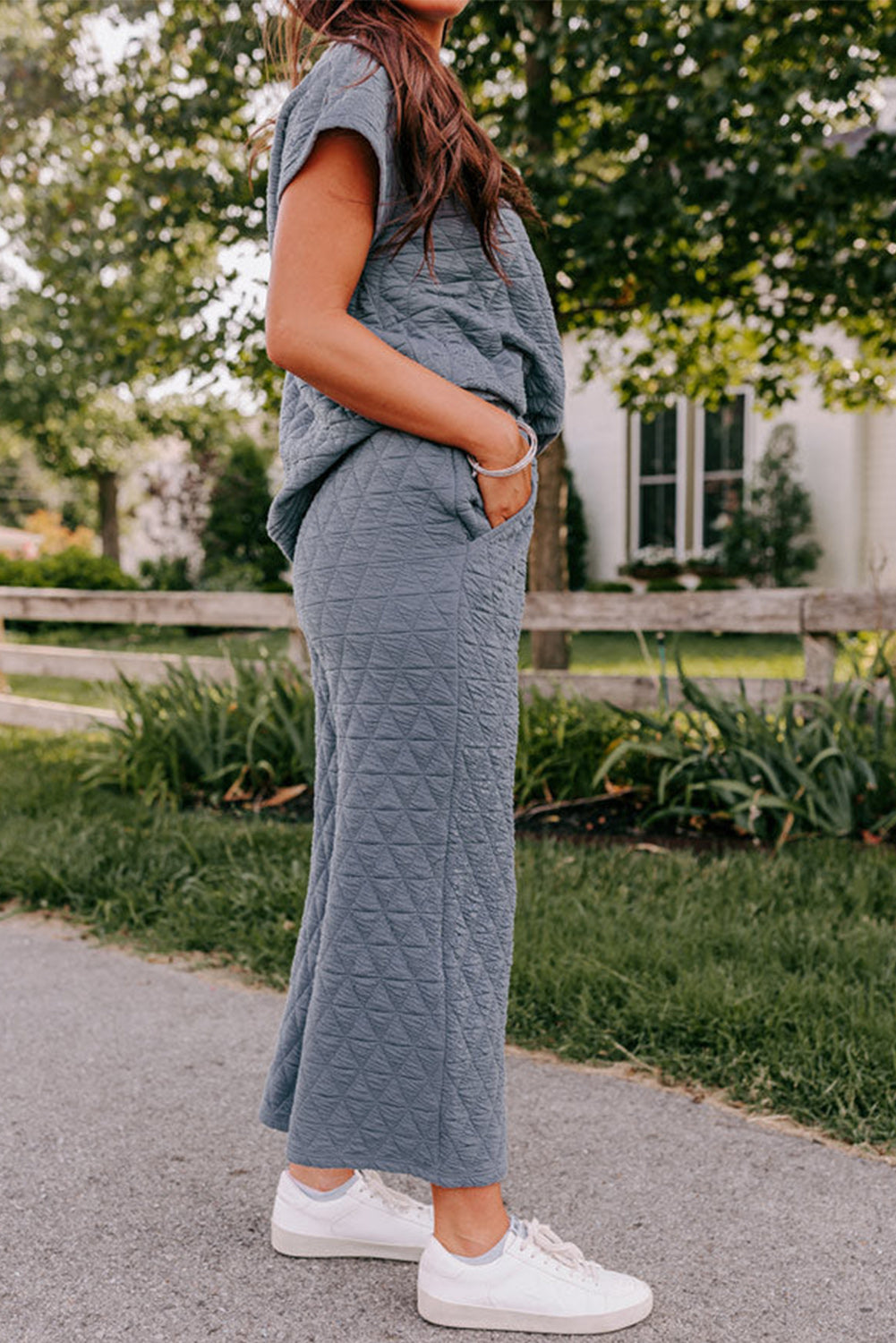 Blue Quilted Textured Short Sleeve Top and Wide Leg Pants Set