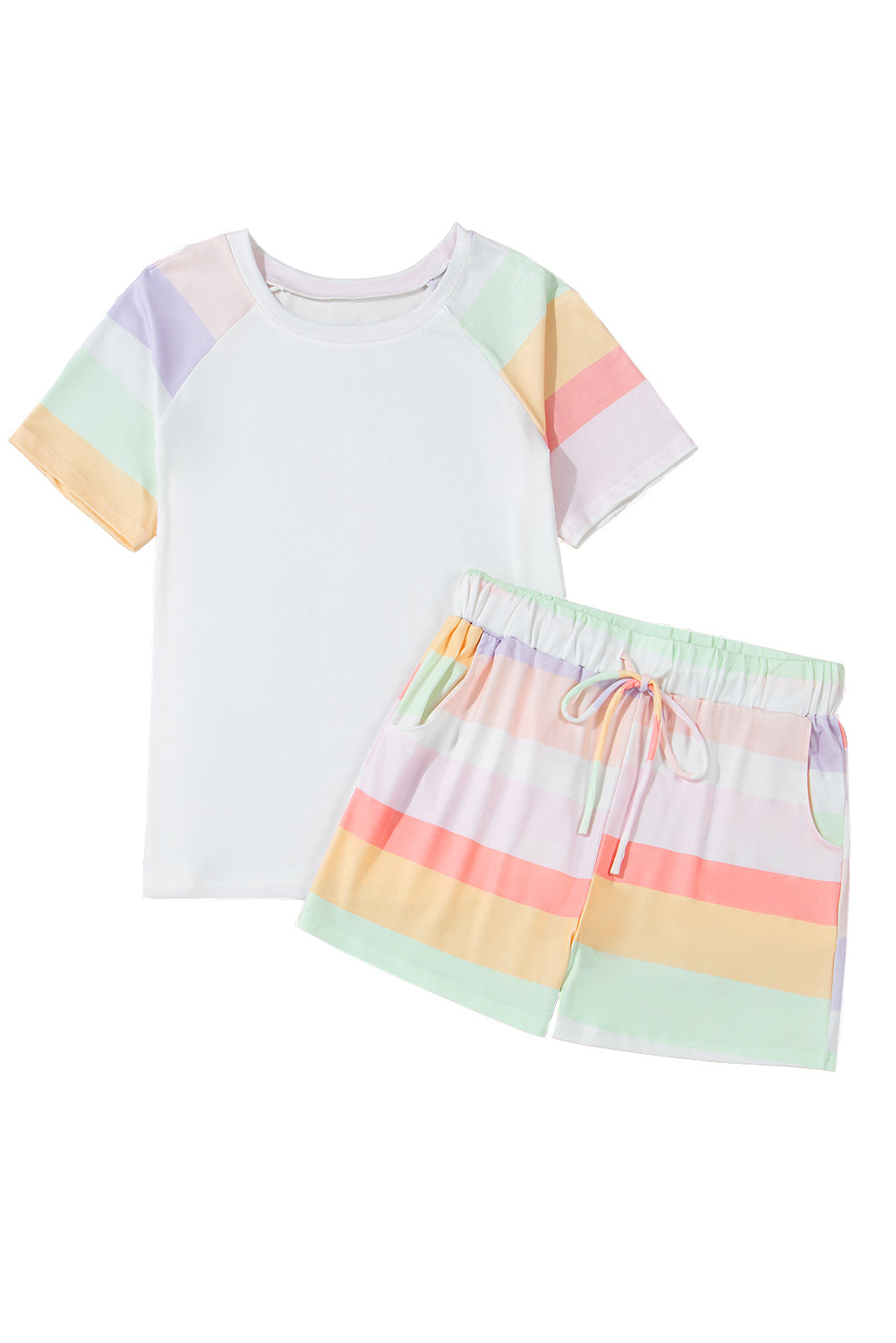 White Rainbow Striped T Shirt and Shorts Set