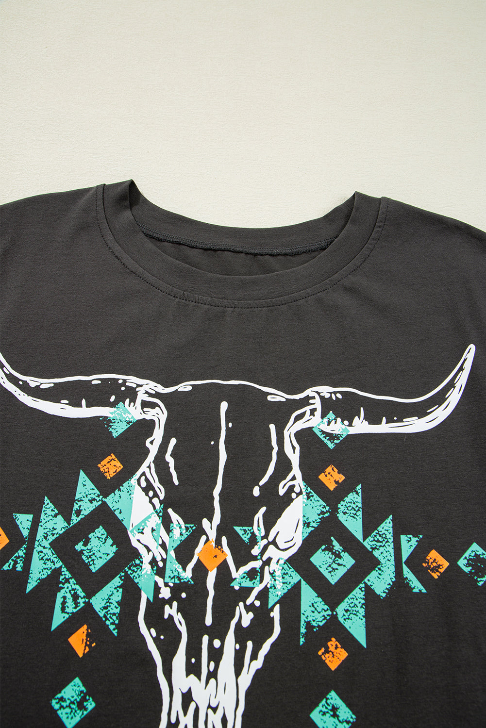 Carbon Grey Vintage Bull Head Skull Turquoise Geometric Graphic T Shirt