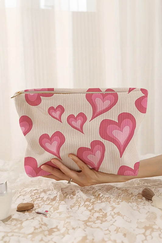 White Heart Pattern Corduroy Makeup Bag