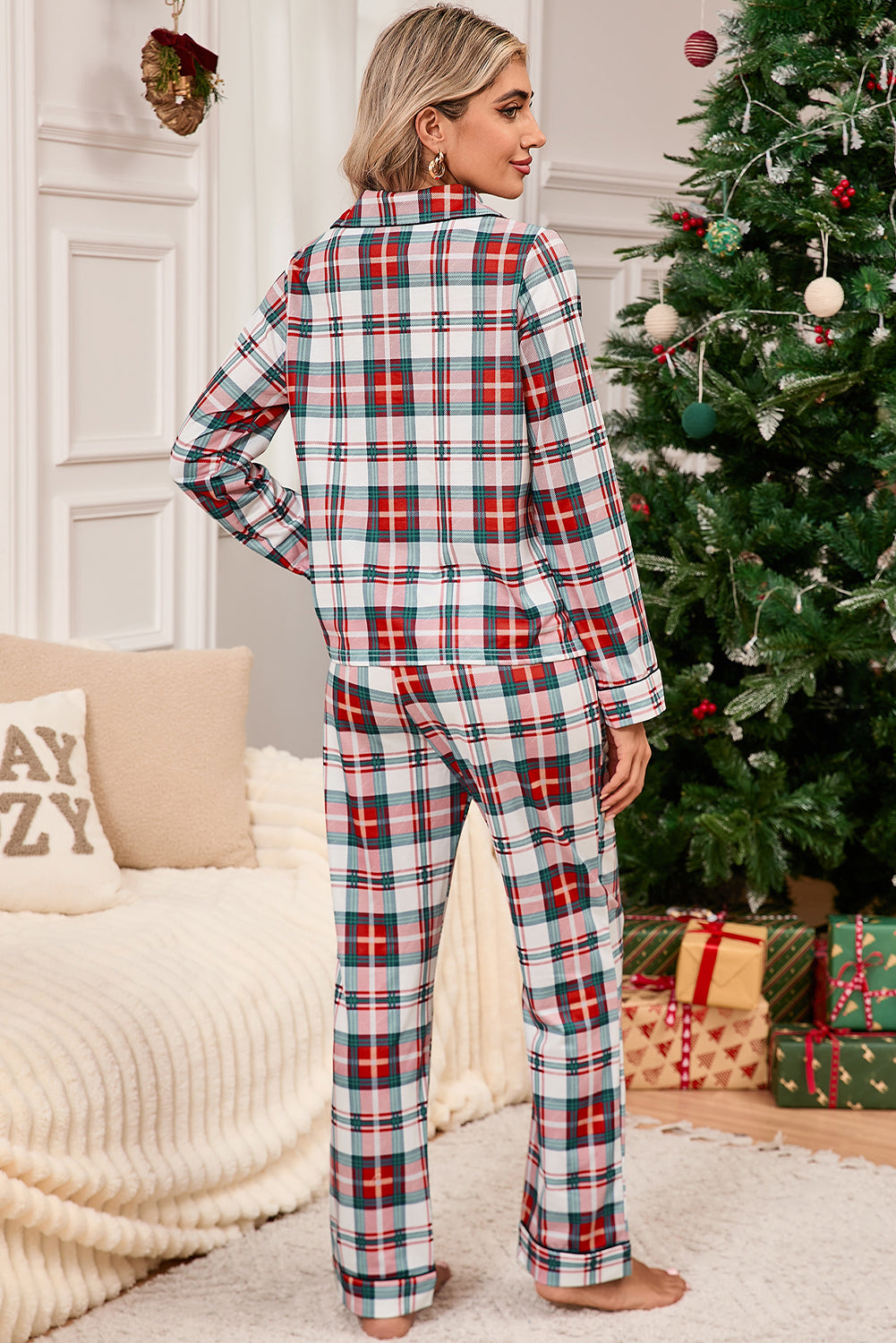 Red Christmas Plaid Long Sleeve Shirt and Pants Pajama Set