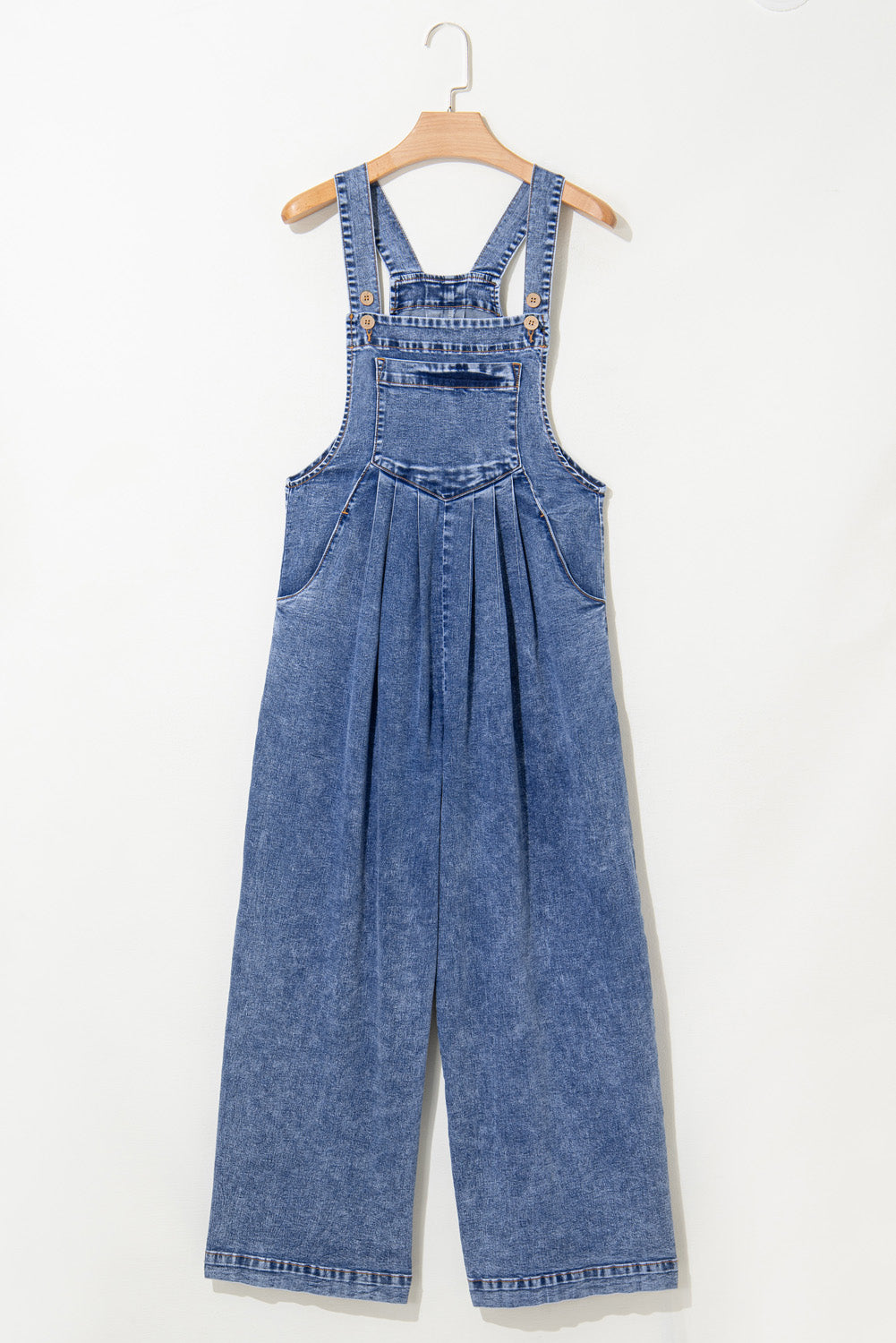 Light Blue Mineral Wash Button Straps Wide Leg Denim Overalls