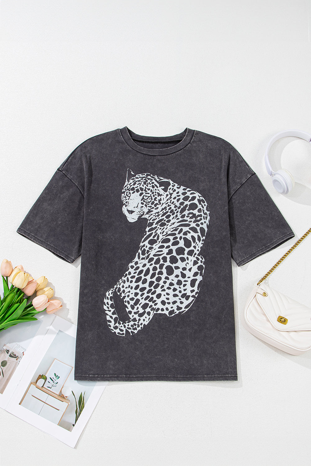 Medium Grey Vintage Cheetah Print Mineral Washed Tee