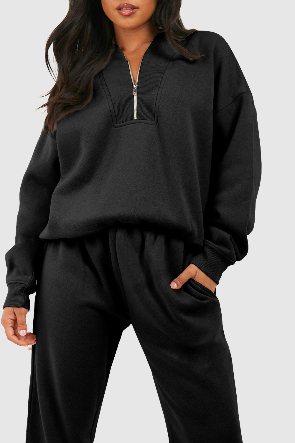 Black Plain Half Zip V Neck Top & Ribbed Edge Loose Pants Sets