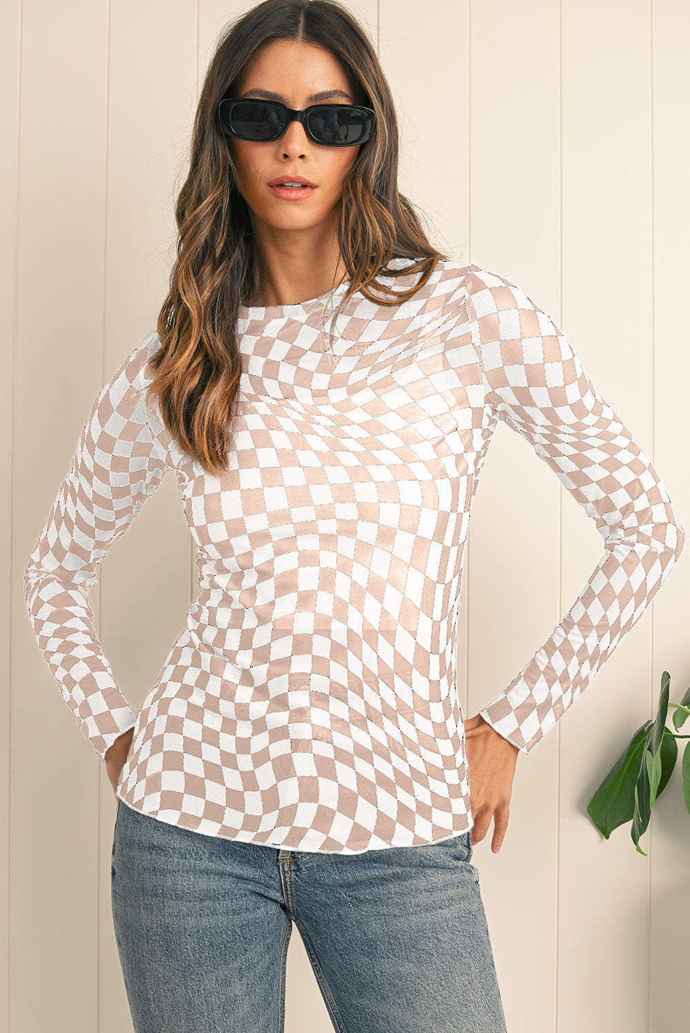 Black Checkered Pattern Mesh Long Sleeve Top