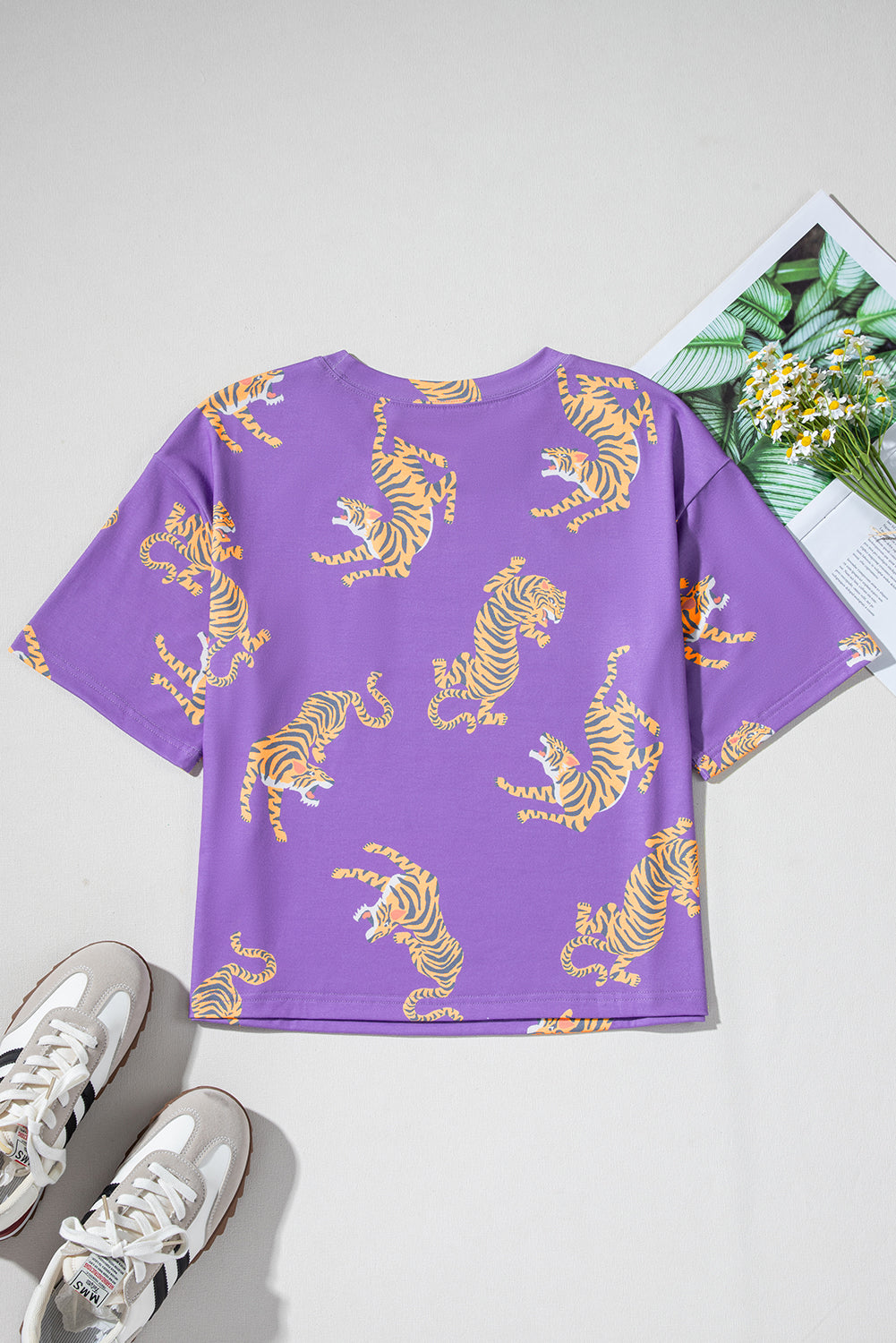 Purple Allover Tiger Print Patch Pocket Loose T Shirt