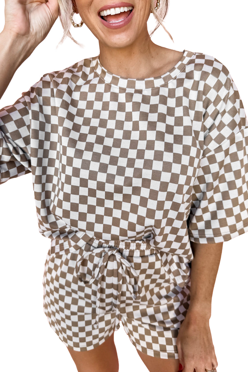 Brown Checkered Top and Drawstring Shorts Pajama Set