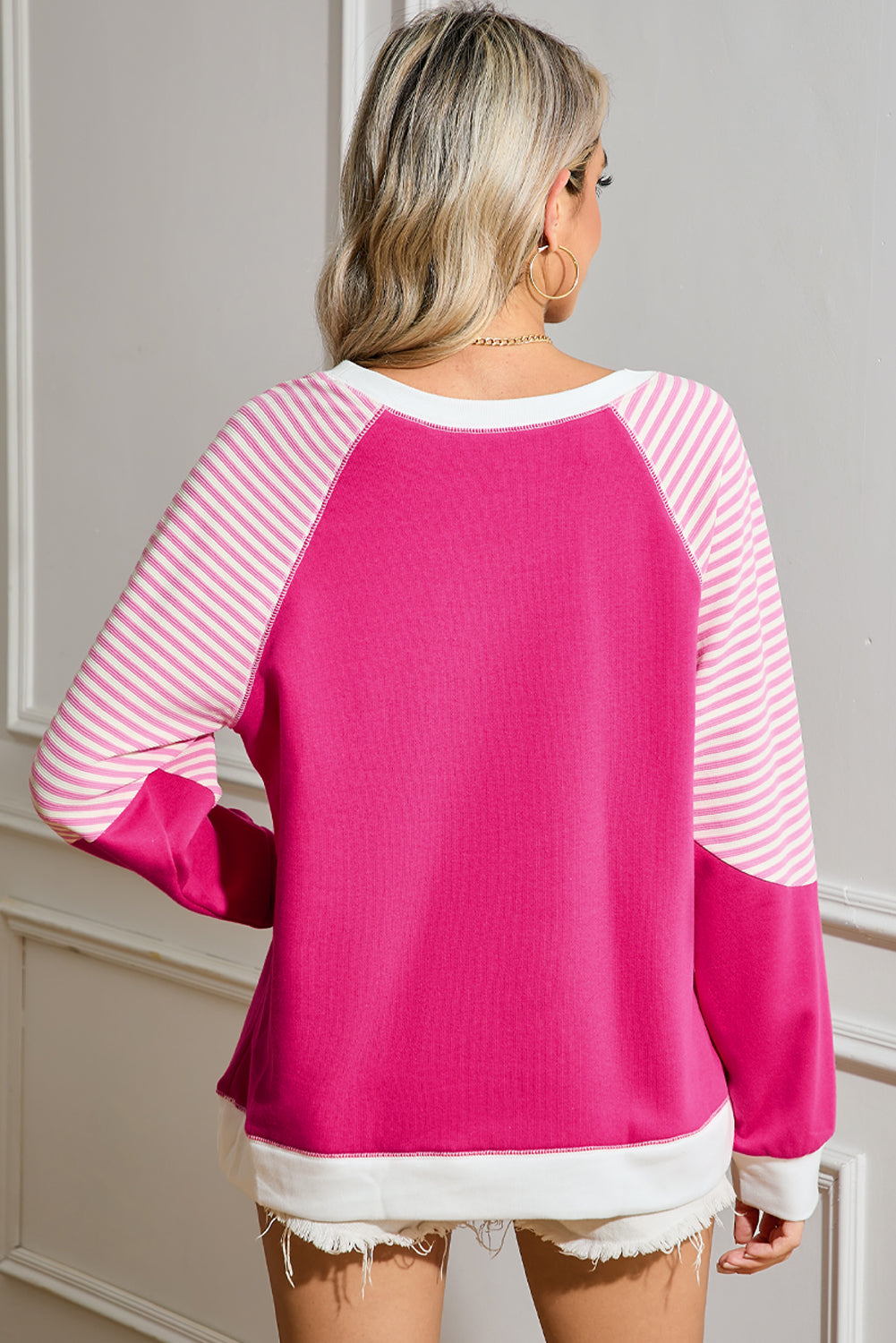 Strawberry Pink Striped Patchwork Raglan Sleeve Top