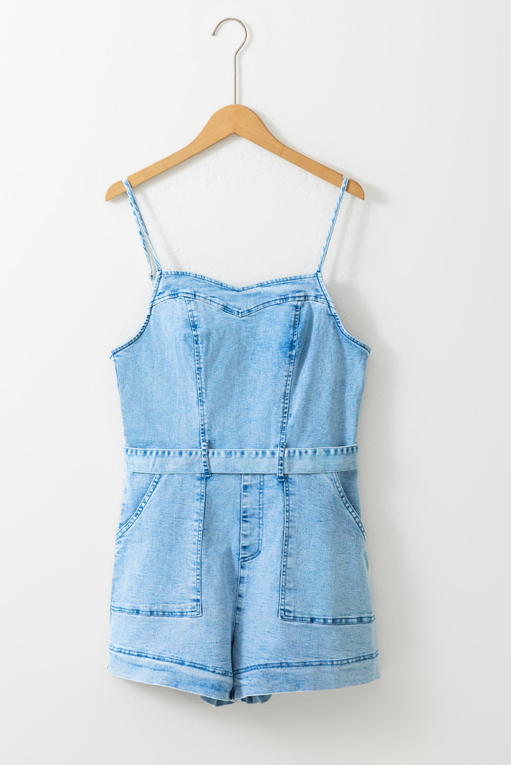 Beau Blue Spaghetti Straps Belted Denim Romper